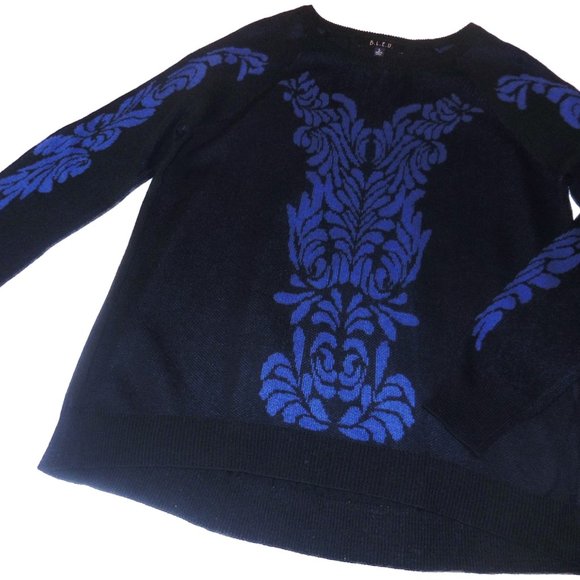 Pullover Sweater NEW Black Blue Ornamental Knit Top Long Sleeve - Picture 3 of 11